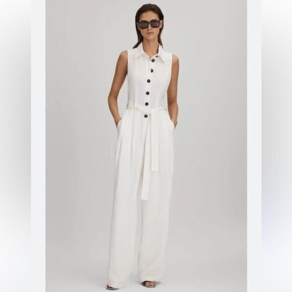 Reiss Womens Perla Ivory Cream Jumpsuit Pantsuit Sz 10 Sleeveless Wide Leg Flaw - Picture 1 of 12
